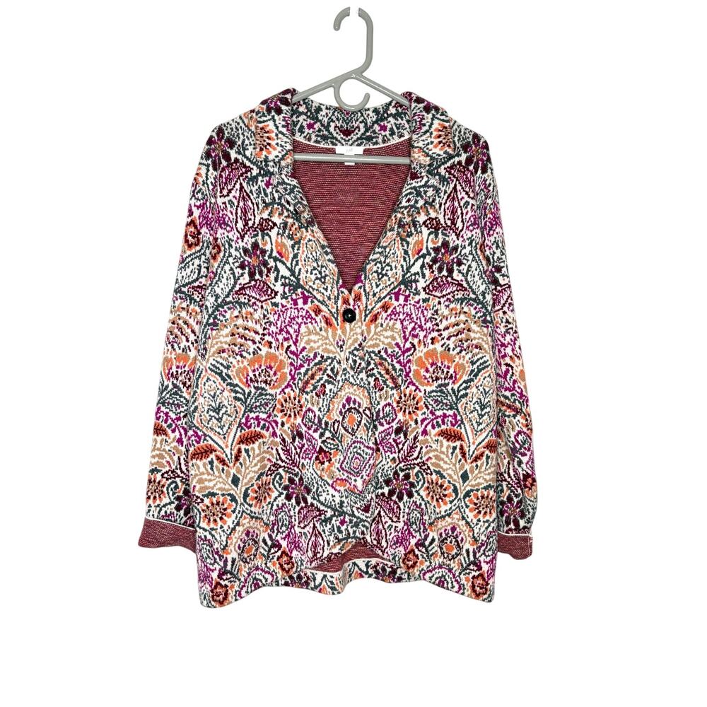 J.Jill Floral Jacquard Knit Cardigan Sweater Blazer Women's Sz L Artsy Lagenlook